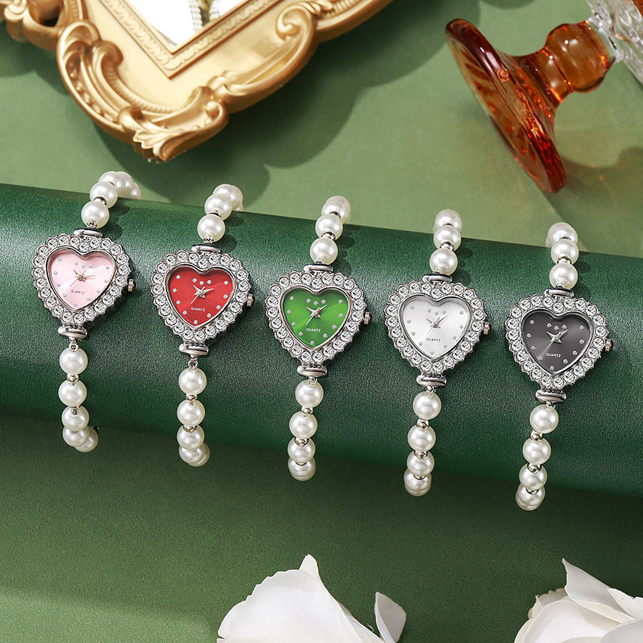 New arrivalfashionelegant small rhinestone women's watch heart diamond-encrusted preppy style small dial pearl bracelet watch