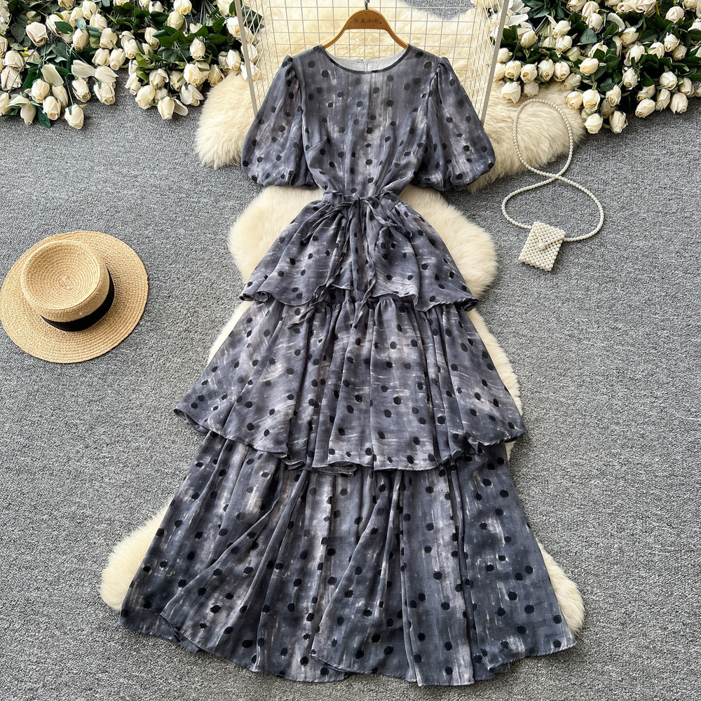 French sweet style purple polka dot a-line dress - women's summer korean style puff sleeve high waist tiered dress - slimming