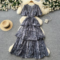 French sweet style purple polka dot a-line dress - women's summer korean style puff sleeve high waist tiered dress - slimming