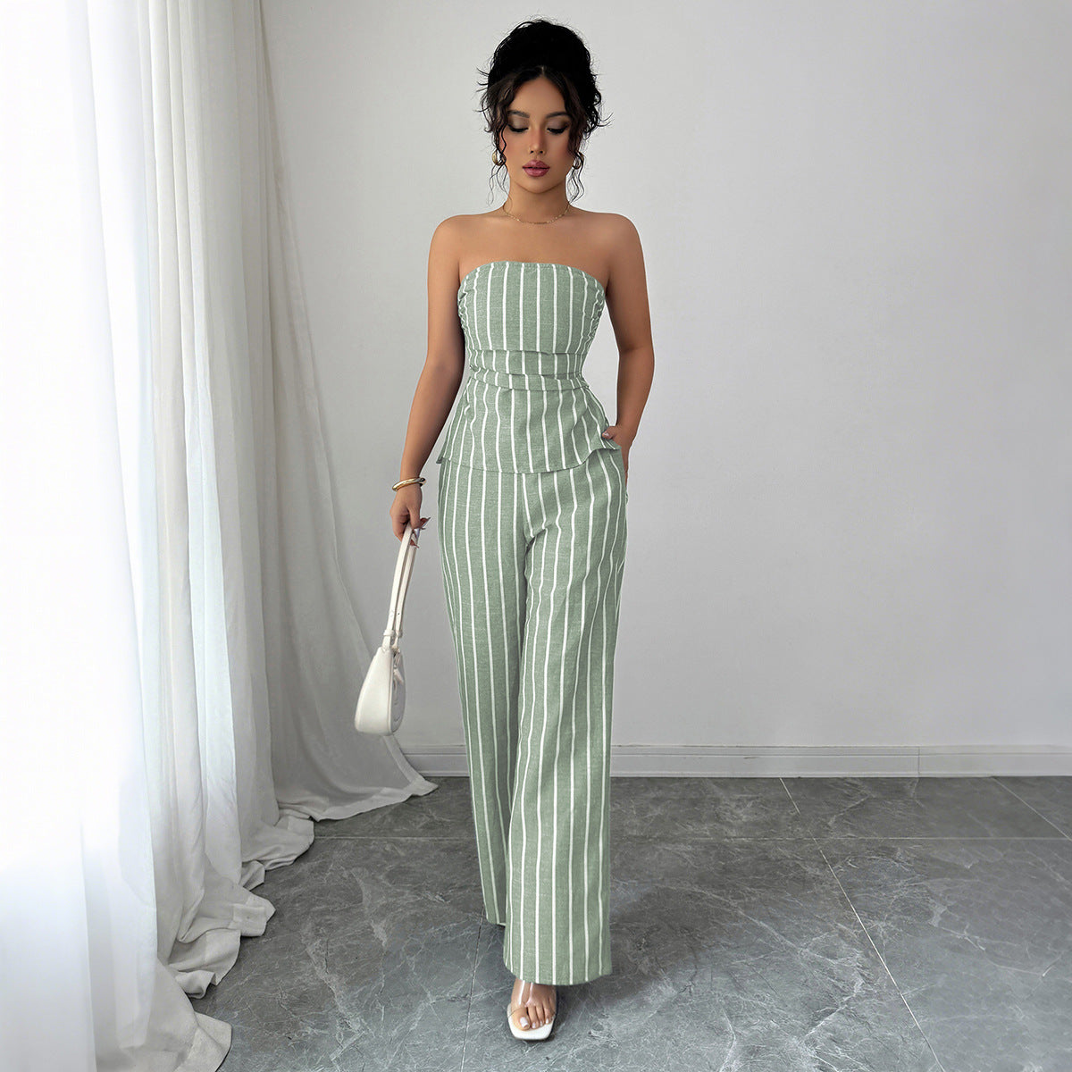 Cross-border fashion elegant tube top striped trousers two-piece suit women's clothing 2025 spring and summer  non-ironing and comfortable
