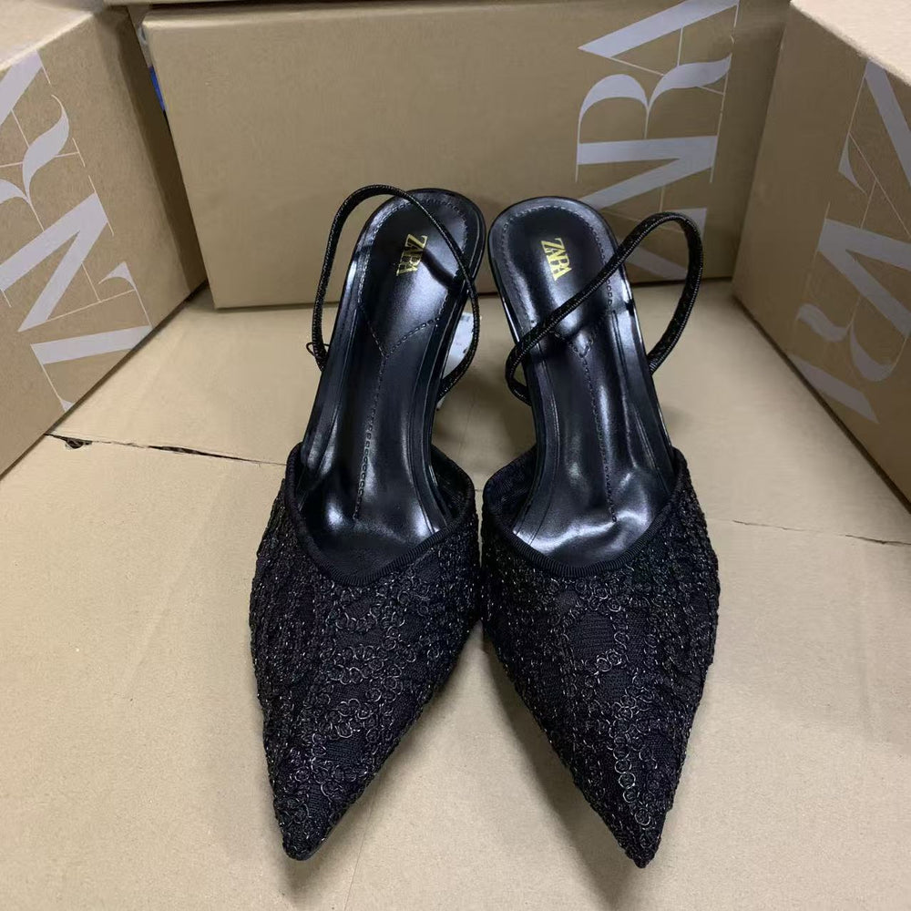 Za's 2026 new women's low-heel elegant sequin pumps - closed-toe, low-cut, back-strap flats