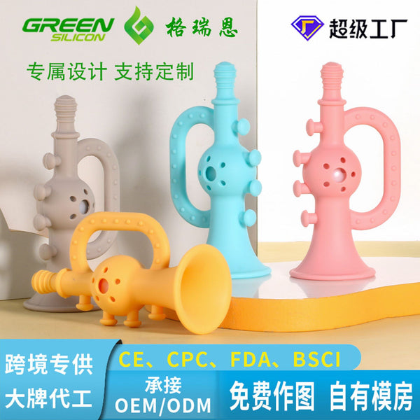 Baby small horn tooth tape bell new product independent design BSCI factory inspection silicon baby teething toy