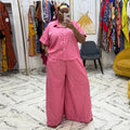 European and american style women's  autumn new striped turn-down collar short-sleeve shirt and high-waisted wide-leg pants fashion casual set