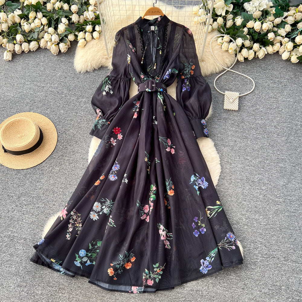 French romantic lantern sleeve floral dress - korean style cutout tie-waist a-line maxi dress - premium quality