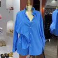 European and american cross-border women's fashion  autumn new arrival casual rhinestone-embellished long-sleeve blue striped shirt and high-waisted shorts set