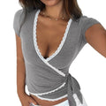 hot girl style solid color slim-fit lace trim criss-cross v-neck low-cut short sleeve top - sexy and versatile women's t-shirt
