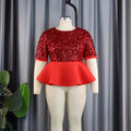 Am030526tautum round neck three-quarter sleeve sequintops ruffle hem waist easiest for match women's clothing spangle