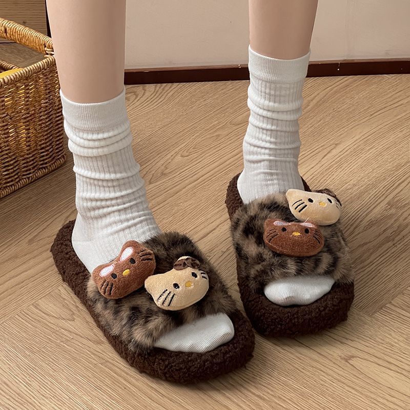 Cute leopard print kt fuzzy slippers - women's new autumn/winter 2025 indoor/outdoor non-slip cotton slippers - student dorm wholesale