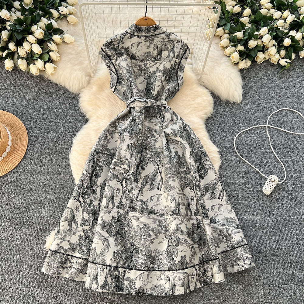 new women's high-end elegant dress - sleeveless, notched collar, cinched waist, single-breasted, ink wash painting jacquard maxi dress