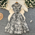 new women's high-end elegant dress - sleeveless, notched collar, cinched waist, single-breasted, ink wash painting jacquard maxi dress