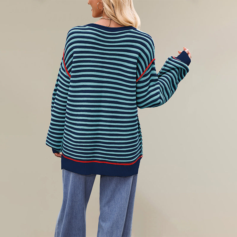 Cross-border new hot-selling autumn and winter sweaters, European and American women's clothing 2025 popular striped tops, round neck pullover, loose long sleeves