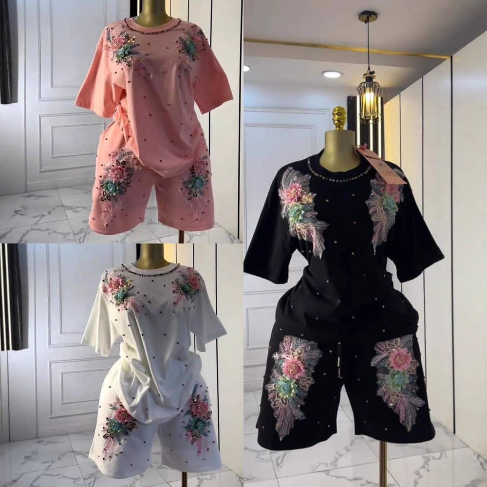 Fashionsuit european goods sense of design butterfly diamond short-sleeved t-shirt tops women + elastic waist wide-leg shorts two-piece set