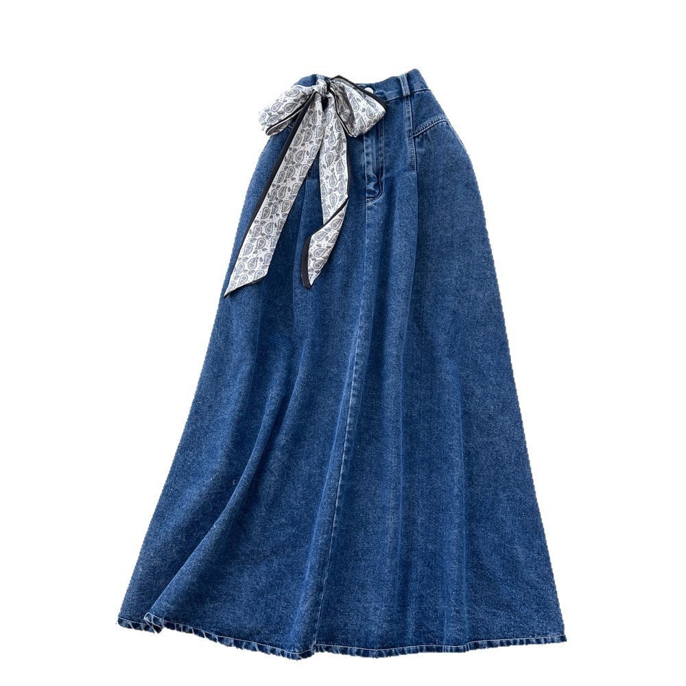 K-styleretroartsy silk scarf denimcasual skirt women's springhigh waistslimming looka-line long skirtwork clothinghong kong style