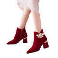 Wedding shoes bridal shoes winter fleece-lined thick heel 2024new arrivalwinter red high heels women's wedding boots not tiring feet