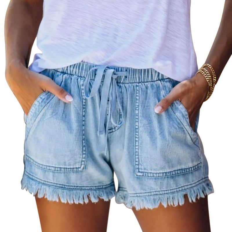summer  new arrival  european and american foreign trade elastic waist drawstring casual high-waisted slimming denim shorts for women