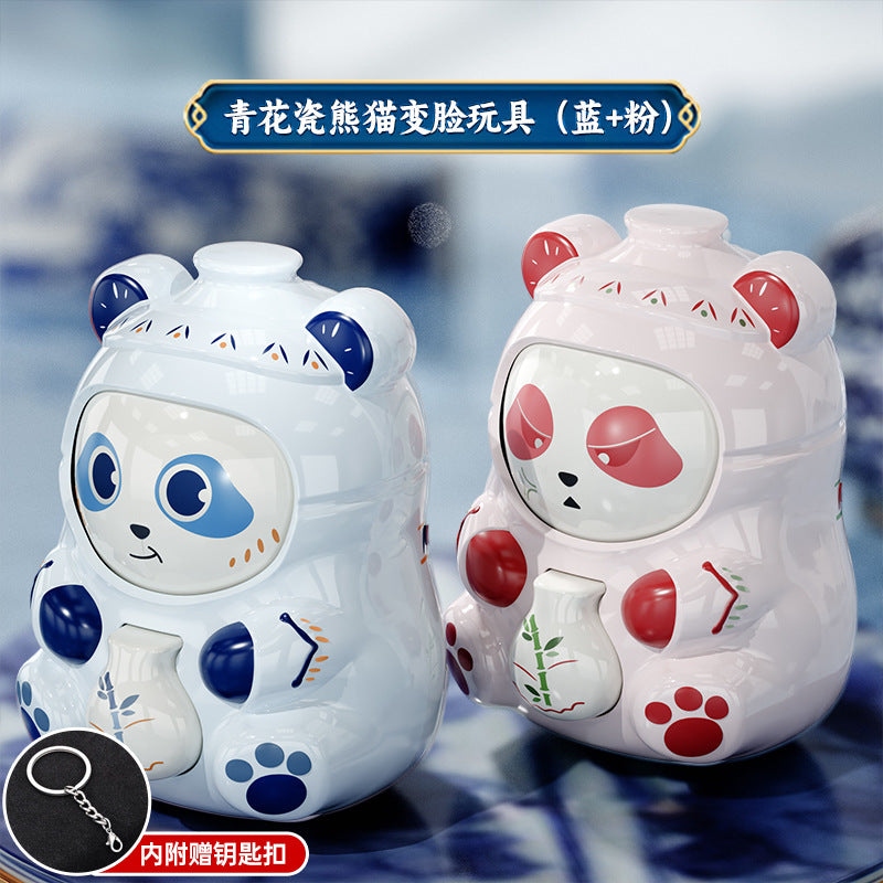 Face-changing panda chinese style blue and white porcelain doll hand pendant keychain gift toy national trend trendy cartoon
