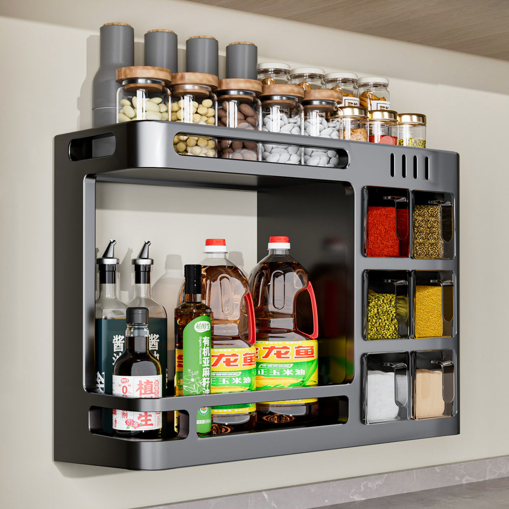 Kitchen wall-mounted organizer rack for oil, salt, sauce, vinegar, and condiments - multi-functional, punch-free, home storage