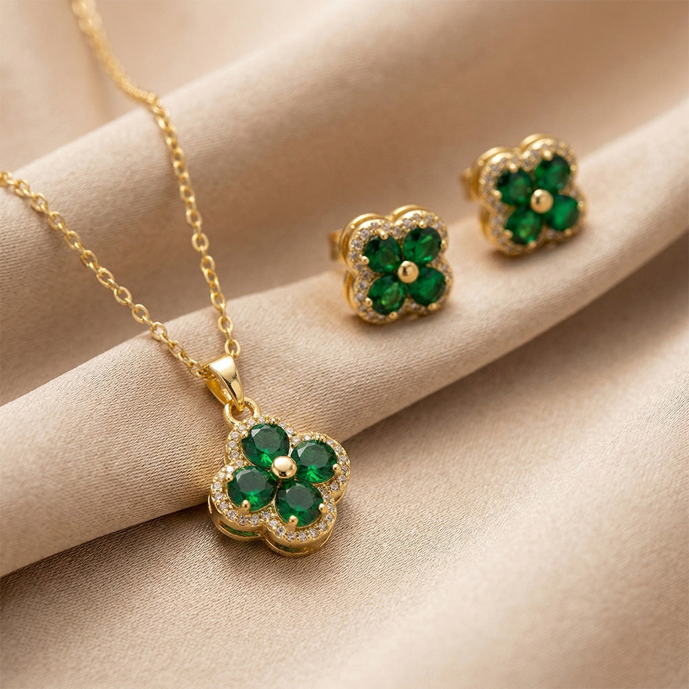 popular fashion full diamond four-leaf clover necklace accessible luxuryniche style women's versatile elegant non-fading clavicle chain suit