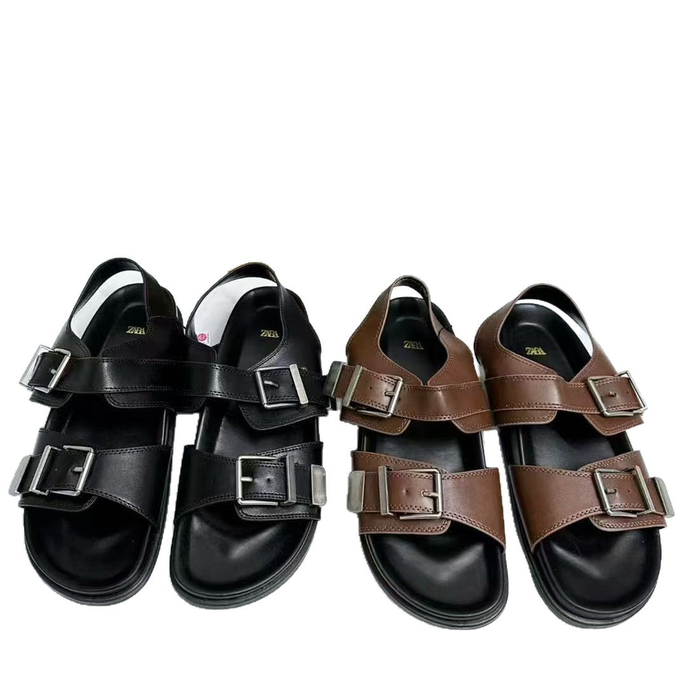 Za2025 new arrival lazy thick sole metal buckle bobo sandals for women 2025 new arrival summer genuine leather easiest for match beach shoes