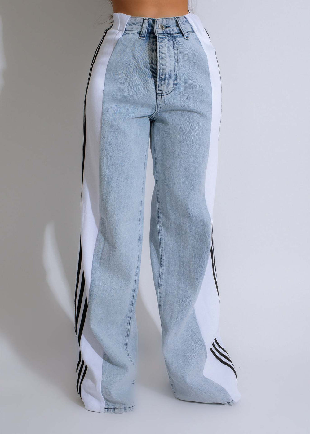 new european and american style fashion denim patchwork three-stripe wide-leg jeans casual stretch straight-leg trousers