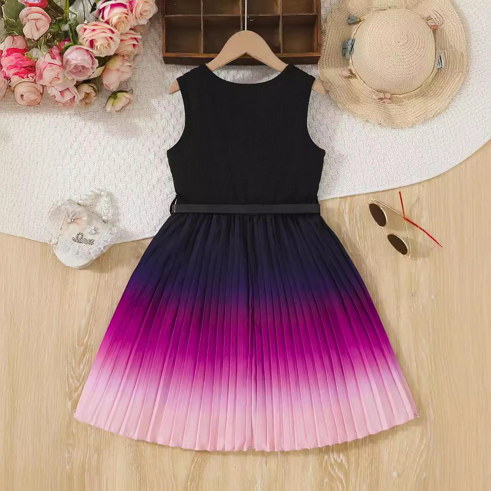 Factory wholesale cross-border girls' dress - black-purple gradient with belt, stylish mid-to-large size children's wear, european style dress