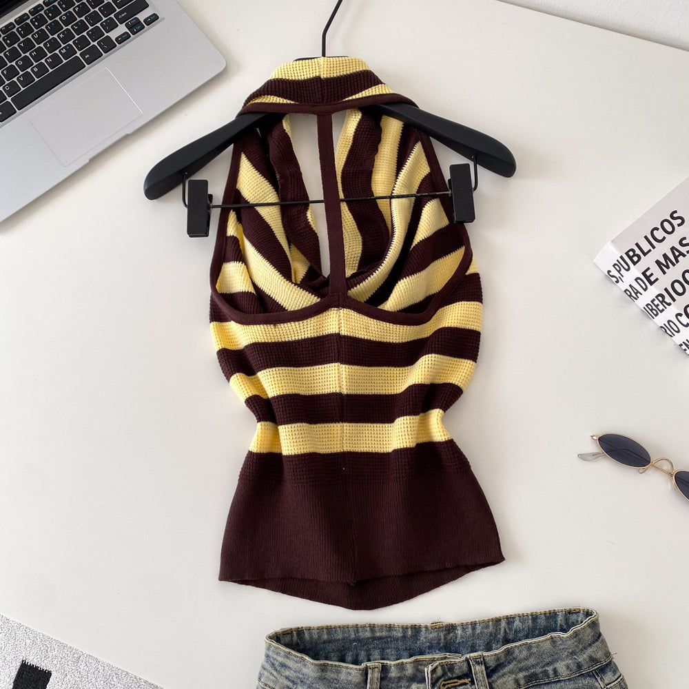 Pure desire style halter stripes tank top women's silmslimming lookeasiest for match sleeveless topssummer work clothing styleclassy suspender