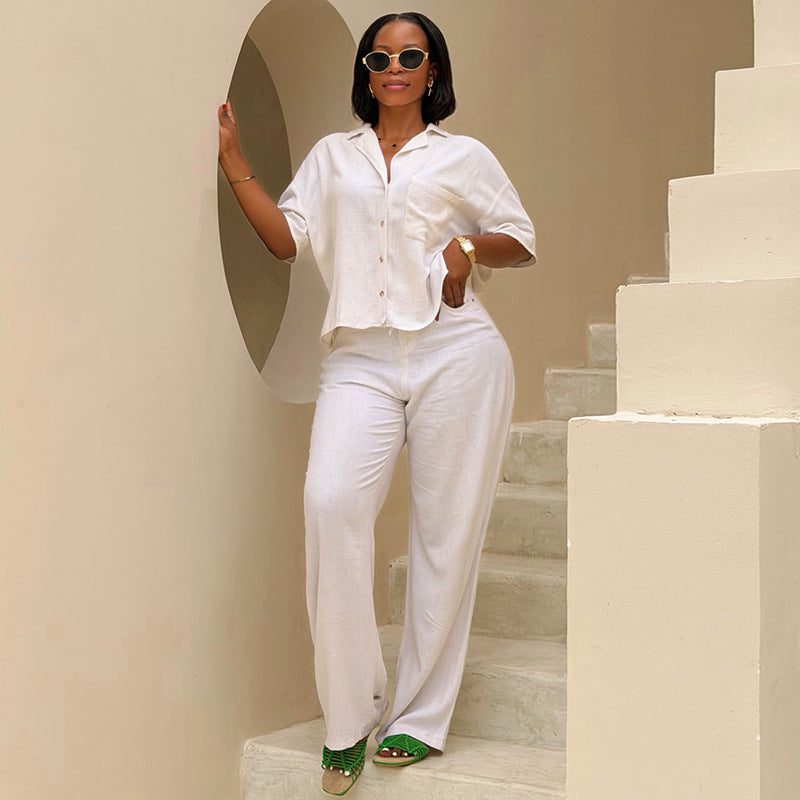 European and american cross-border women's fashion  new arrival: african-inspired chic lapel short-sleeve blouse and high-waisted wide-leg pants casual set