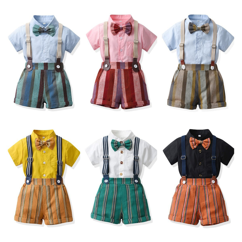K-stylesummersuit boysfashionable shirt short-sleeved stripes pants suspenders kids summer clothing thin handsome trendy children's clothing