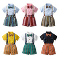 K-stylesummersuit boysfashionable shirt short-sleeved stripes pants suspenders kids summer clothing thin handsome trendy children's clothing