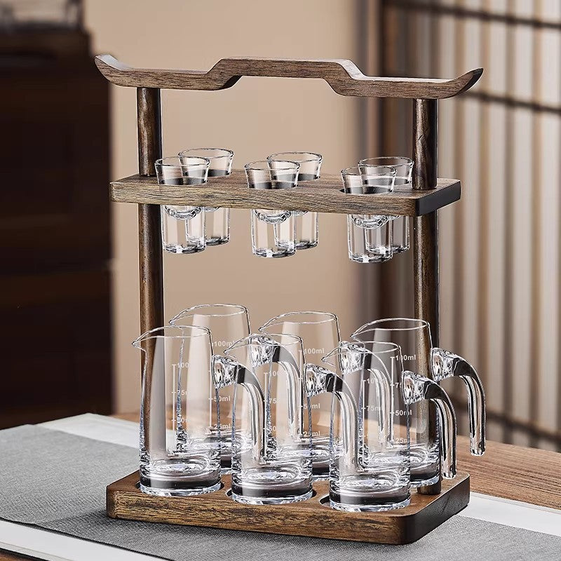 High-end acacia wood white wine glass set - home use, light luxury crystal glass shot glasses, gold foil wine pourer, barware set