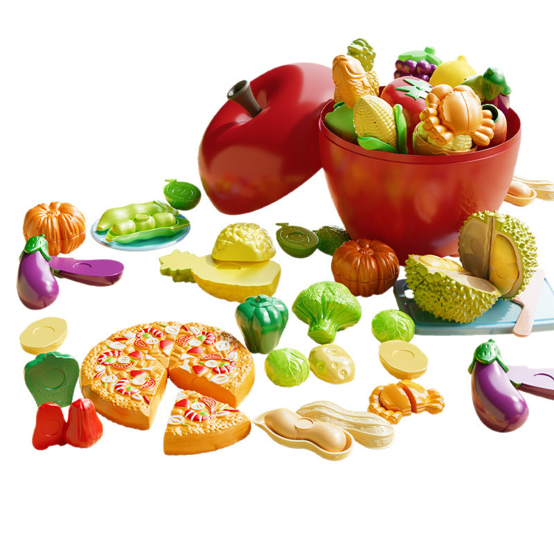 Kids' pretend play fruit toy set - realistic fruits & vegetables (durian included) - apple bucket storage - educational toy for girls ages 3-6