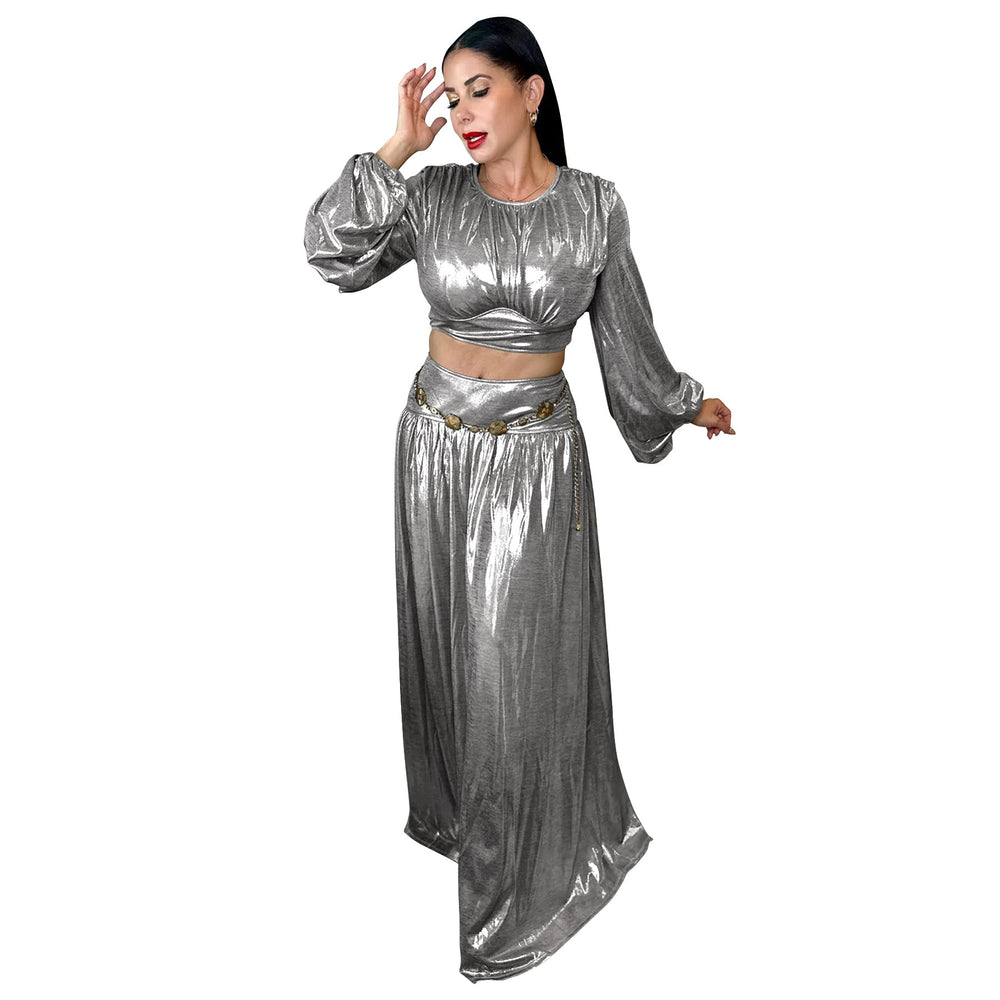 K10968 european and american foreign trade women's clothing  new round neck lantern sleeve sexy waist large swing skirt suit