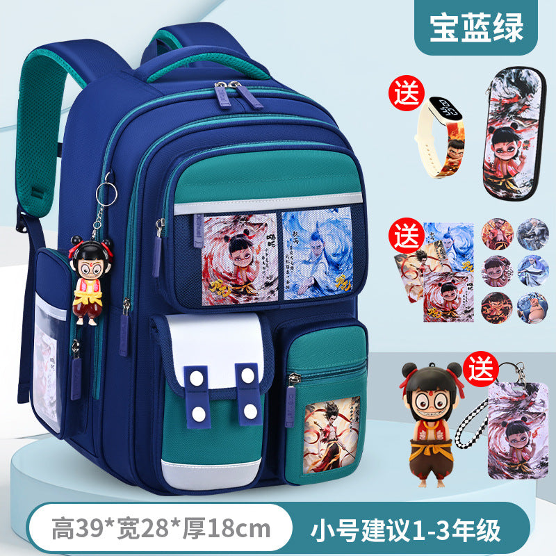 New nezha backpack for elementary school students, grades 1-6, lightweight, spine-protecting, load-reducing, large capacity for boys and girls
