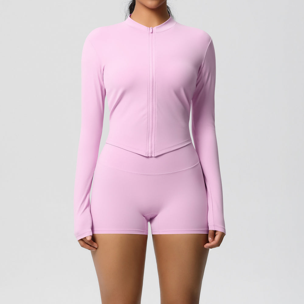 Ready-to-ship cross-border double-sided brushed solid color fitted zip-up jacket yoga set workout running fitness set for women