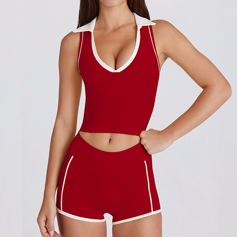 Sleeveless running pilates workout v-neck top vest with padded bra, color block turn-down collar yoga set