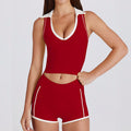 Sleeveless running pilates workout v-neck top vest with padded bra, color block turn-down collar yoga set
