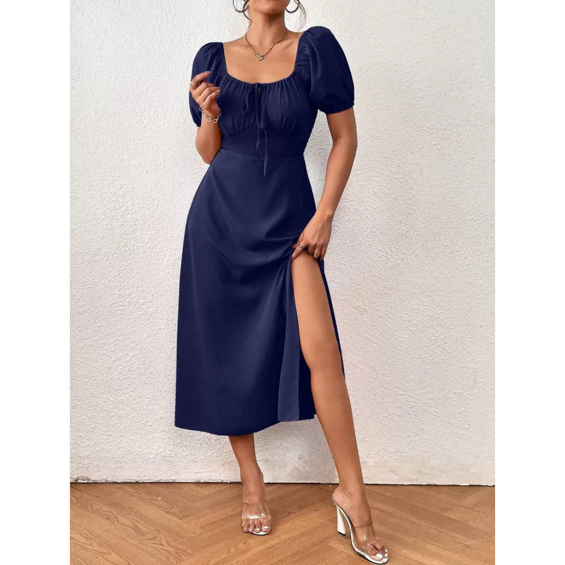 fashion  summer new arrival pleated strap slit puff sleeve square neck mid-length dress for women