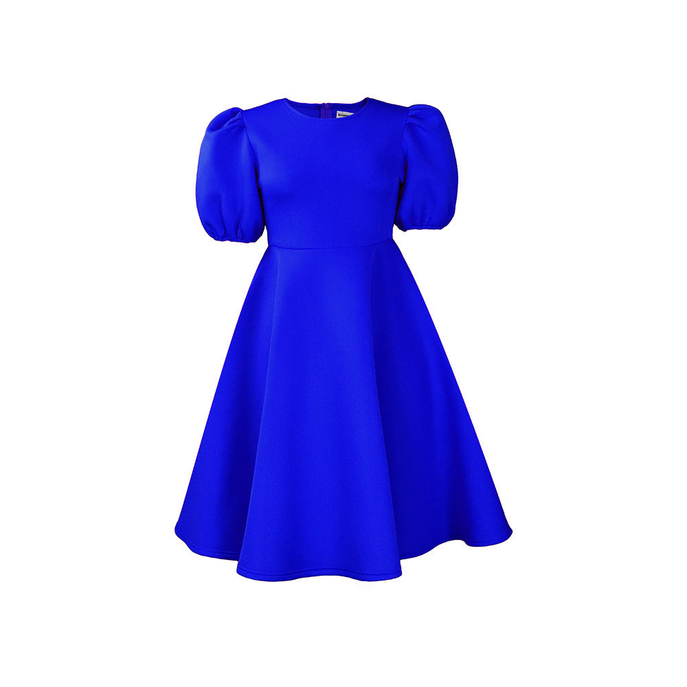 women's summer  round neck fashionable elegant bubble sleeve cinched waist a-line midi dress - western style