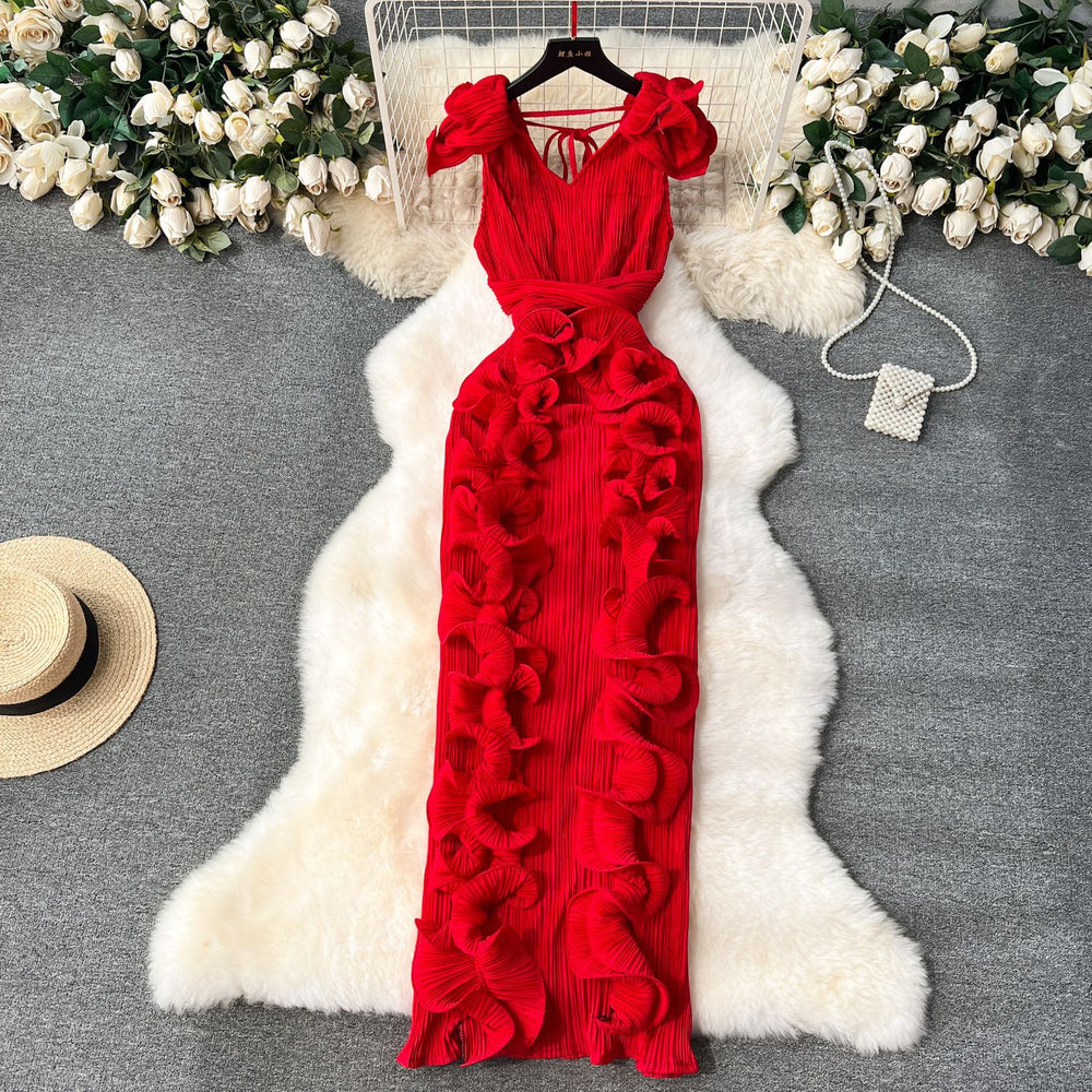 High-end banquet dress, premium affordable luxury, niche pleated three-dimensional ruffle trim, slim-fit long elegant dress for women