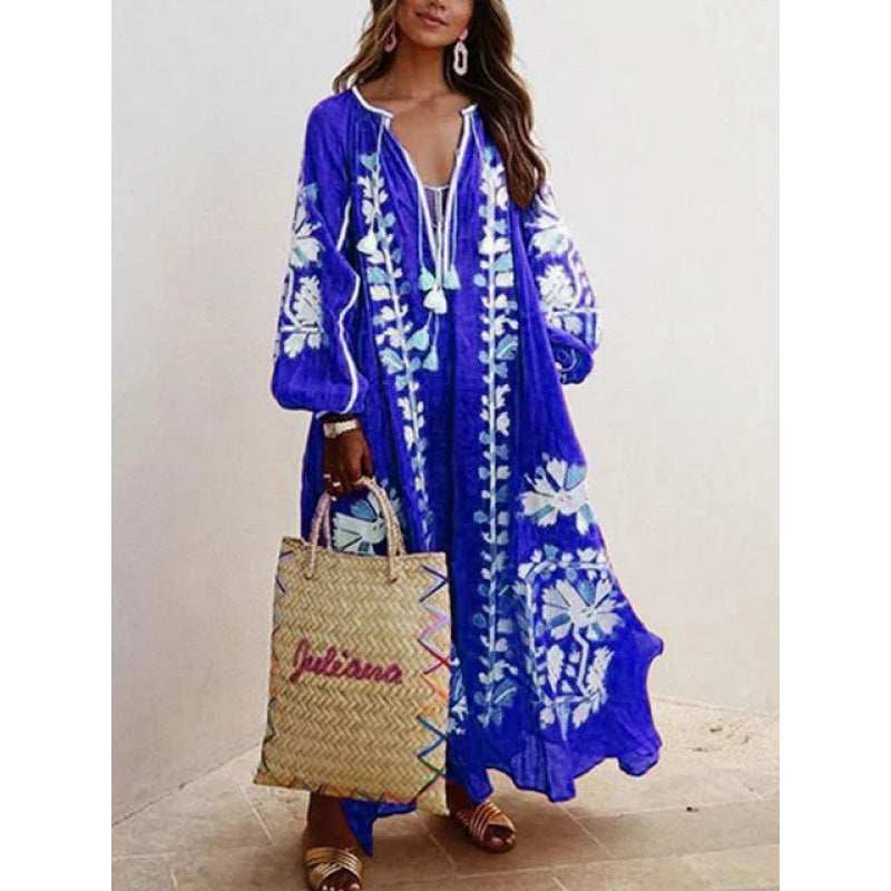 fashion  women's fashionlooselong sleevestie backv neckprinting large swing dress women's dress