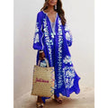 fashion  women's fashionlooselong sleevestie backv neckprinting large swing dress women's dress