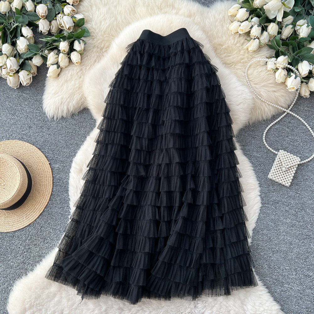 Fairy style high waist mesh patchwork cake skirt for women spring layered fluffy skirt slimming lookeasiest for matcha-line long skirt