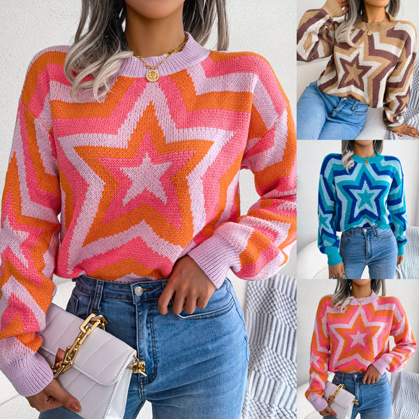 Y2K style real shot autumn and winter European and American fashion contrasting colors star long-sleeved pullover sweater, independent station  women's clothing
