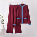 French chic goddess style: trendy denim & knit patchwork crewneck jacket + high-waisted wide-leg pants two-piece set