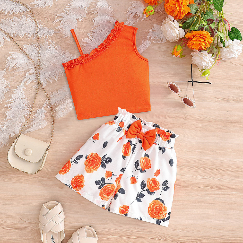 girls' one-shoulder cami set - orange top with lace collar and rose pattern, summer two-piece outfit for kids