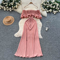 French one-shoulder ruffle tie-up dress - women's summer slimming a-line pleated maxi dress - vacation style