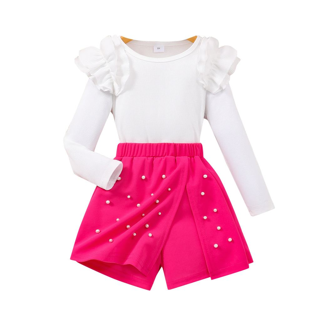 Girls' two-piece set: solid color long-sleeve crewneck top + elastic waist beaded skort