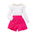 Girls' two-piece set: solid color long-sleeve crewneck top + elastic waist beaded skort