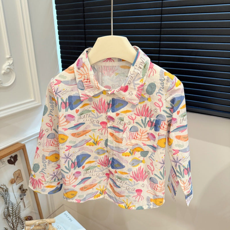 Kids' 100% cotton shirt - new autumn collection: korean style, all-over cartoon print, long-sleeve casual top - versatile and stylish for boys