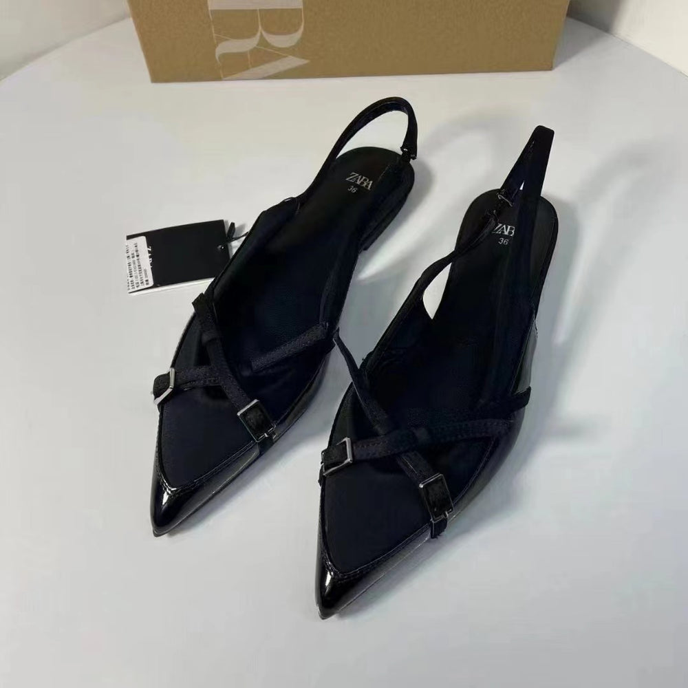 Za 2024 spring/summer new trf women's black patent leather criss-cross buckle flat mary jane pointed-toe mules